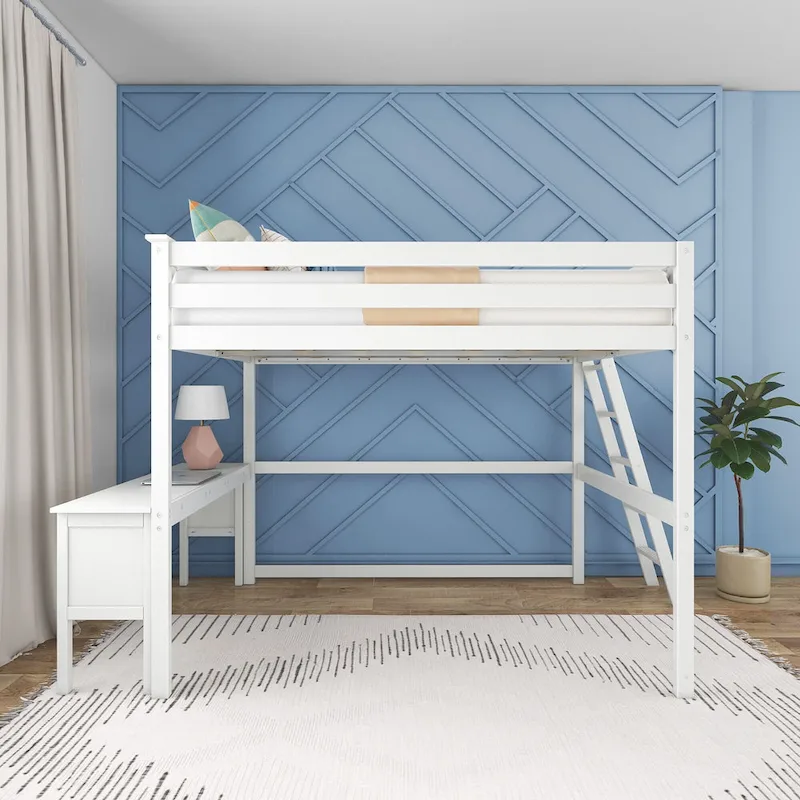 White Full-Size High Loft Bed with Desk & End Ladder, 1-Person
