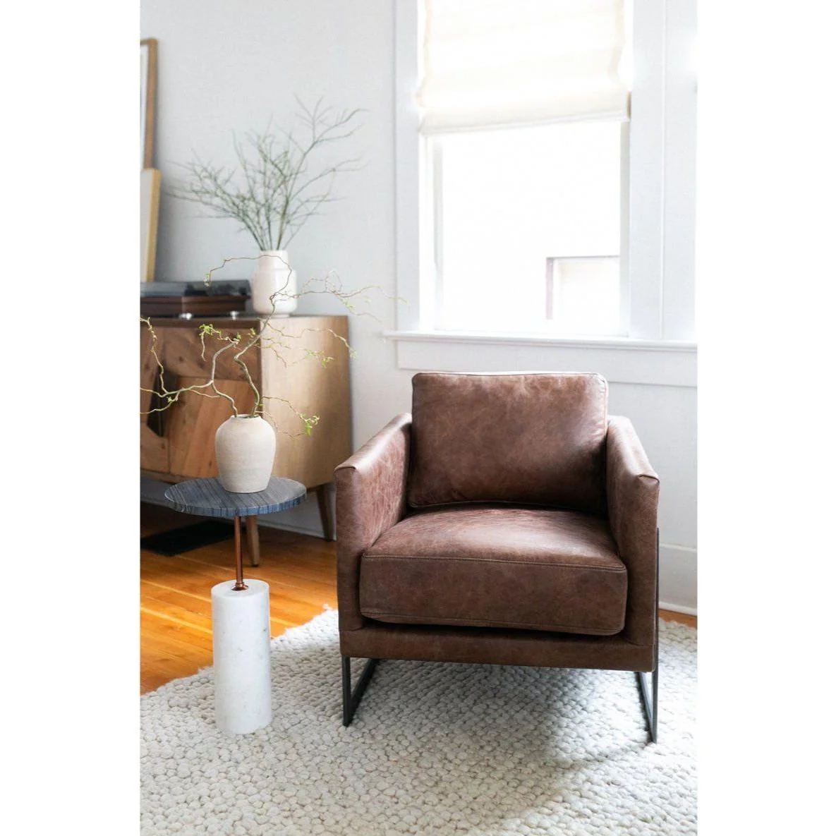 Modern Marble & Brass Iron Side Table with Grey Top & White Cylindrical Pedestal for Living Room