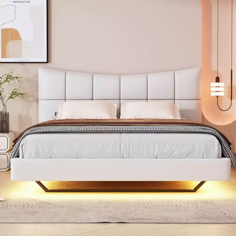LED Full Upholstered Platform Bed with U Shaped Headboard, Linen Bed Frame with LED Lights