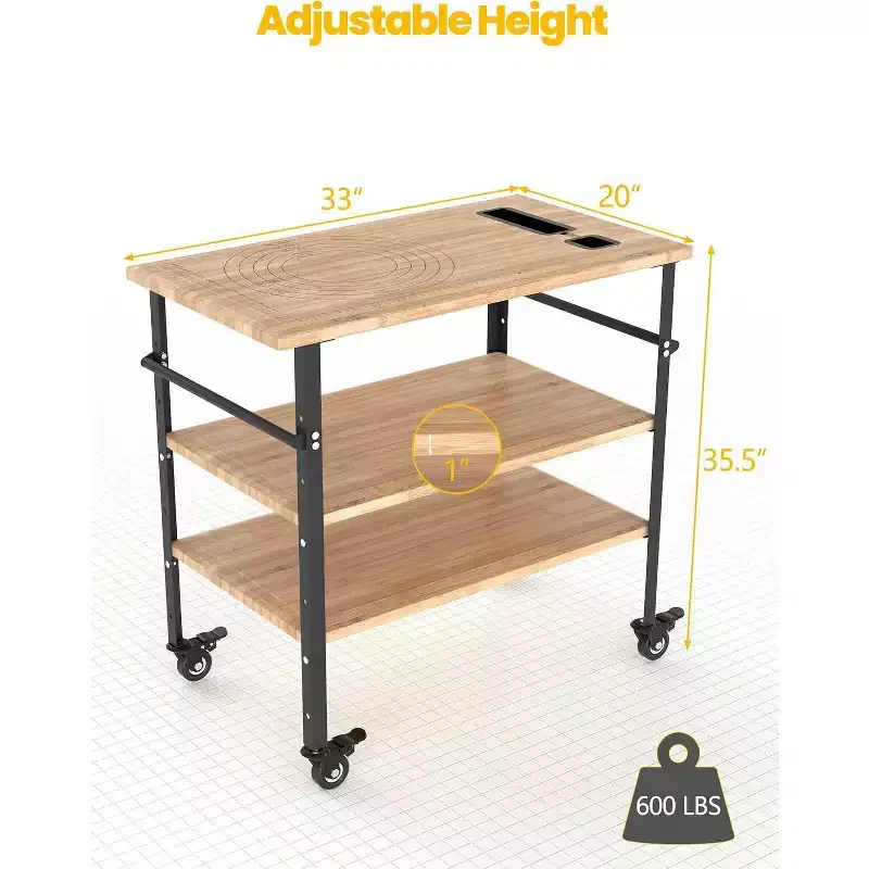 3-Tier Bamboo Pizza Oven Table with 4 Wheels, Outdoor Grill Cart, Bar Cart Food Prep Table, Kitchen Grill Table, Wood Color 33x20x35.5in