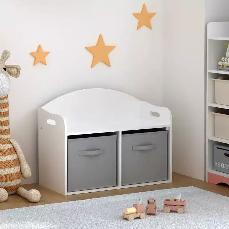 Kids Wooden Toy Box/Bench with Collapsible Fabric Drawers - White