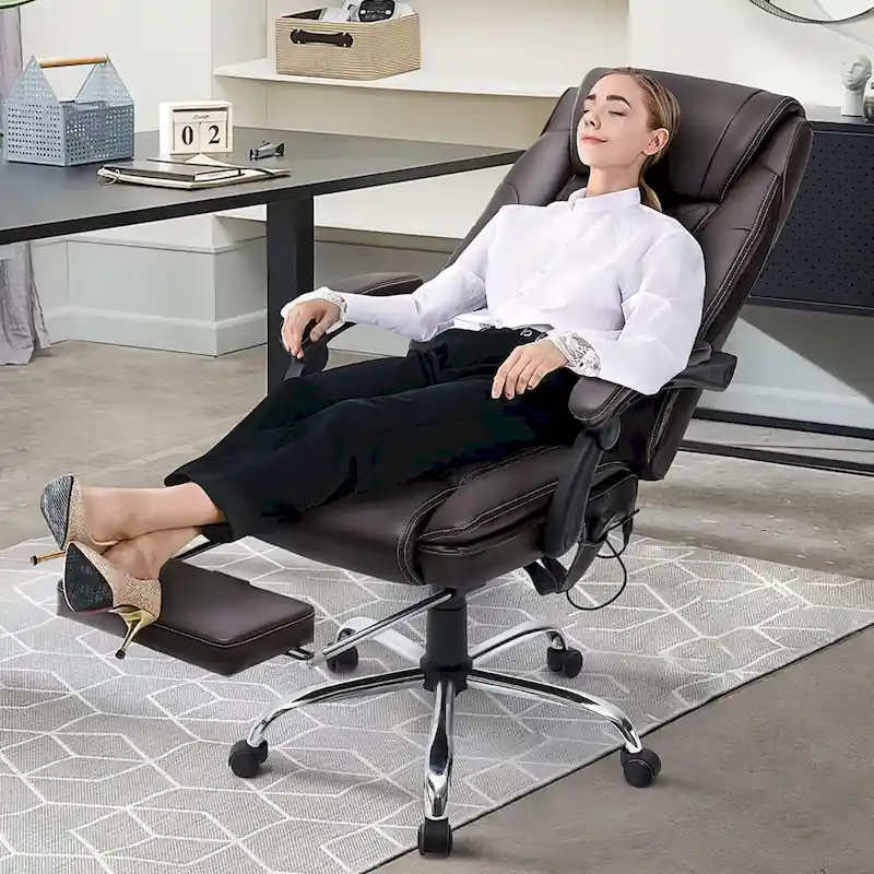 Ergonomic Heated Executive Office Chair, 2/4/6-Point Massage, Retractable Footrest, PU Leather
