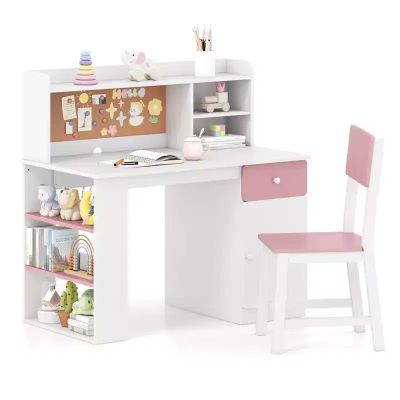 Costway Kids Desk & Chair Set w/Chair Hutch 3-Layer Side Shelf Storage Cabinet