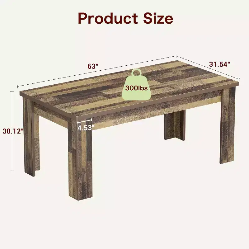 Rustic Rectangular Dining Table for 4-8  63/71 Large Farmhouse Kitchen & Dining Table, Reinforced Triangle Legs, Wooden Tabletop for Apartments