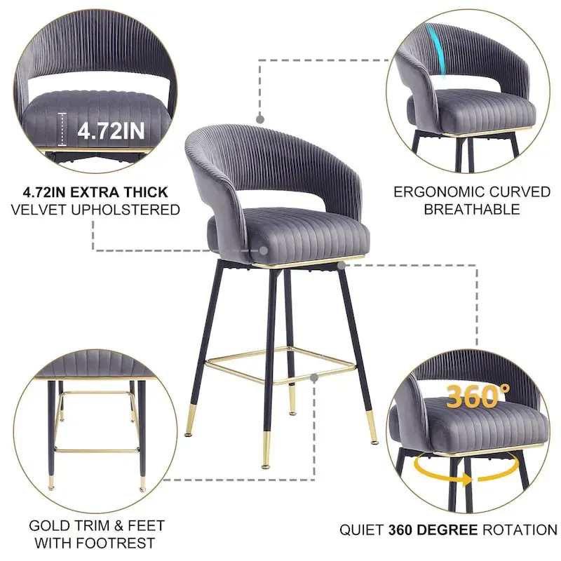 Hausfame Velvet Upholstered Set of 2 Swivel Barstool With Backs - 22.2 in. W X 21.5 in. D X 40 in. H