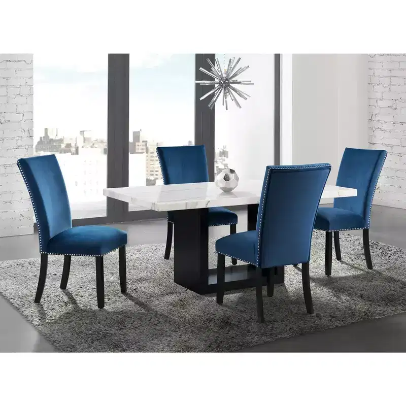 Marble Top Standard Height Dining Table White Seats 6 with Black Pedestal Base