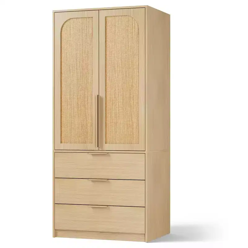 Armoire Wardrobe Closet, 69.5 in Wooden Wardrobe Cabinet with 3 Drawers, Hanging Rod, 2 Doors Clothing Storage Cabinet for Bedroom