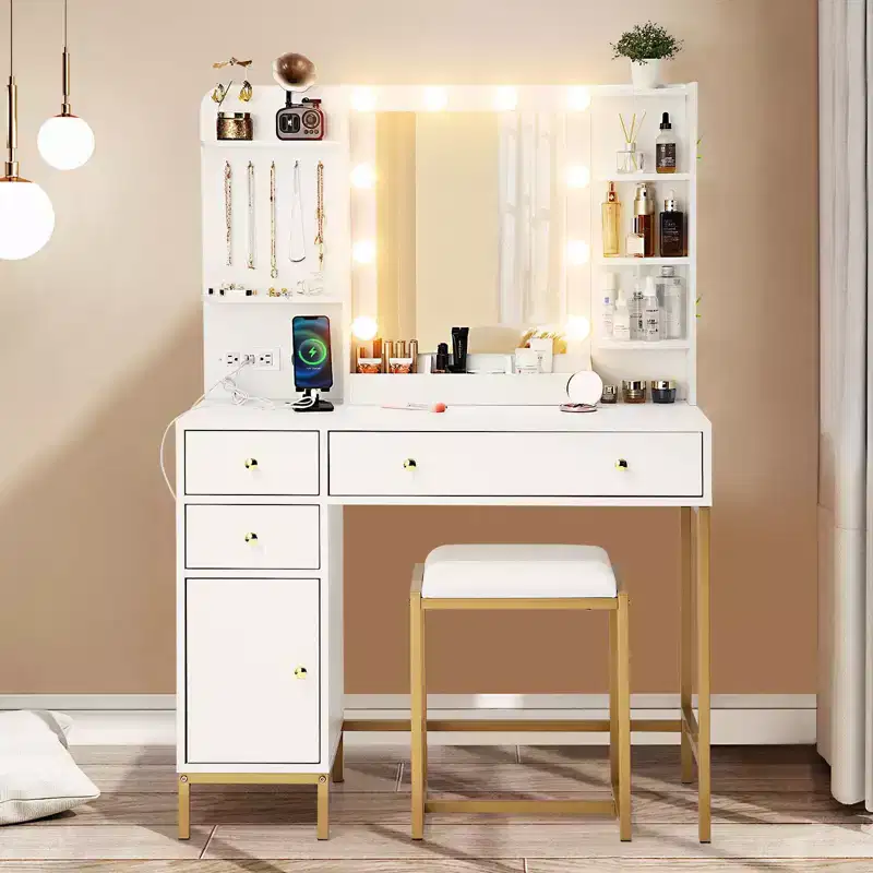 TROPOW Makeup Vanity Desk Set with Chair C Power Outlet, Adjustable Lighted Mirror, Storage Drawers & Shelves, 3 Lighting Modes for Bedroom ,White