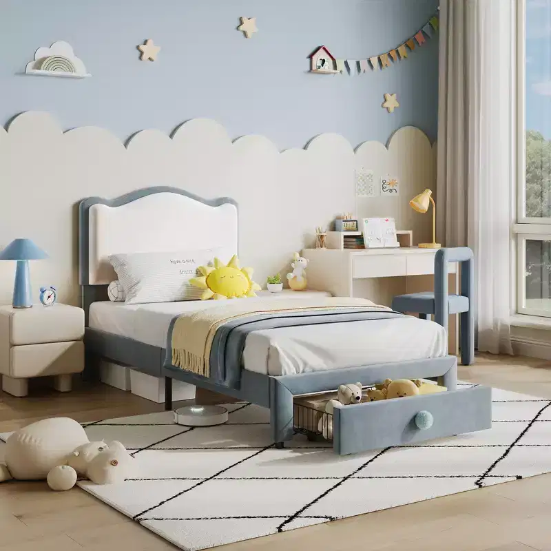 Twin Size Upholstered Kids Bed Frame with Curved Headboard, Storage Drawer, Velvet Fabric, Strong Wood Slats, No Box Spring Needed