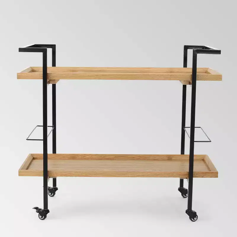 Industrial Wooden Bar Cart with 2 Shelves and Caster Wheels, Black Iron Frame