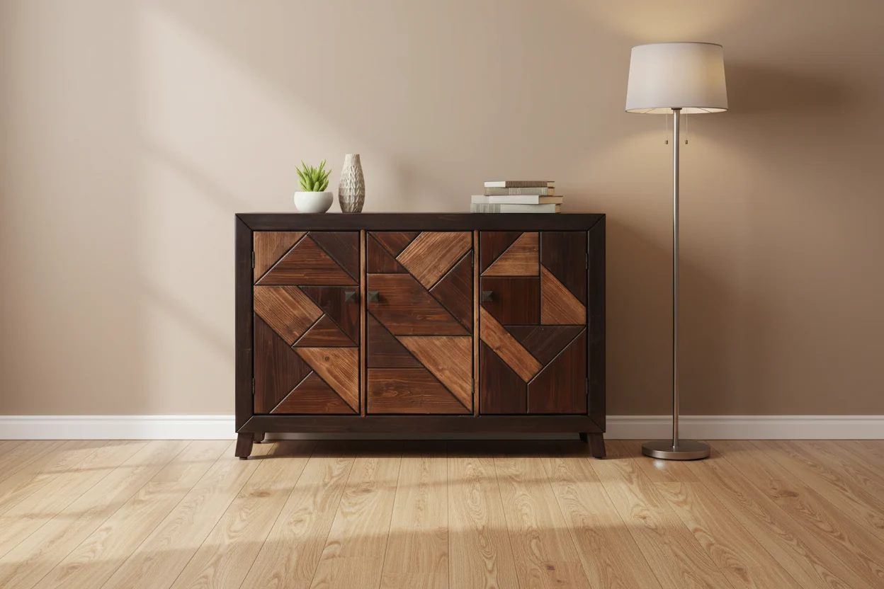 Displaced Chevron Patterned Espresso 3-Door Credenza