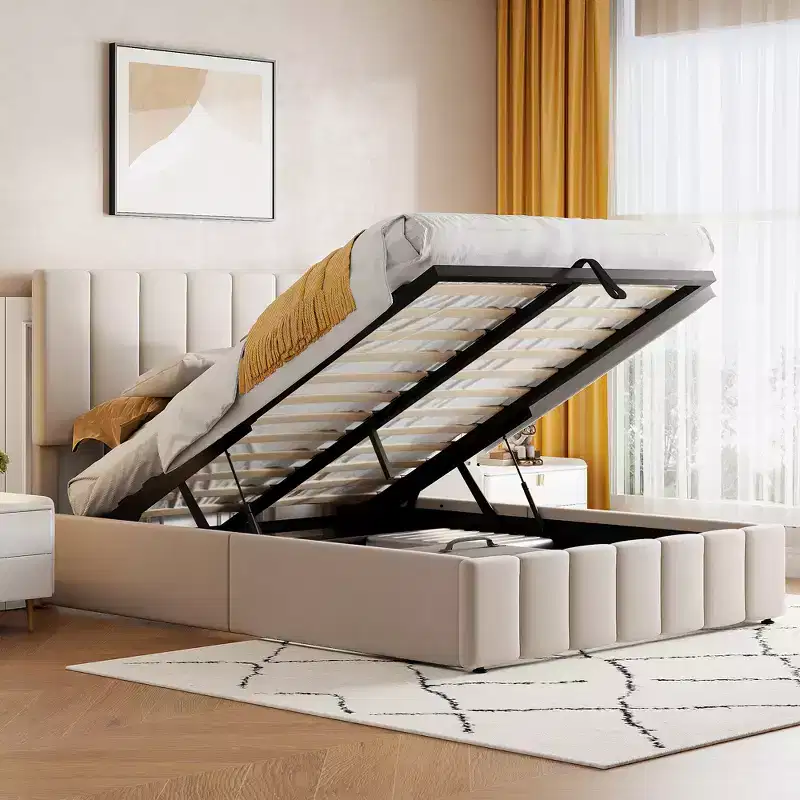 Linen Upholstered Platform Bed With Hydraulic Storage System - ModernLuxe