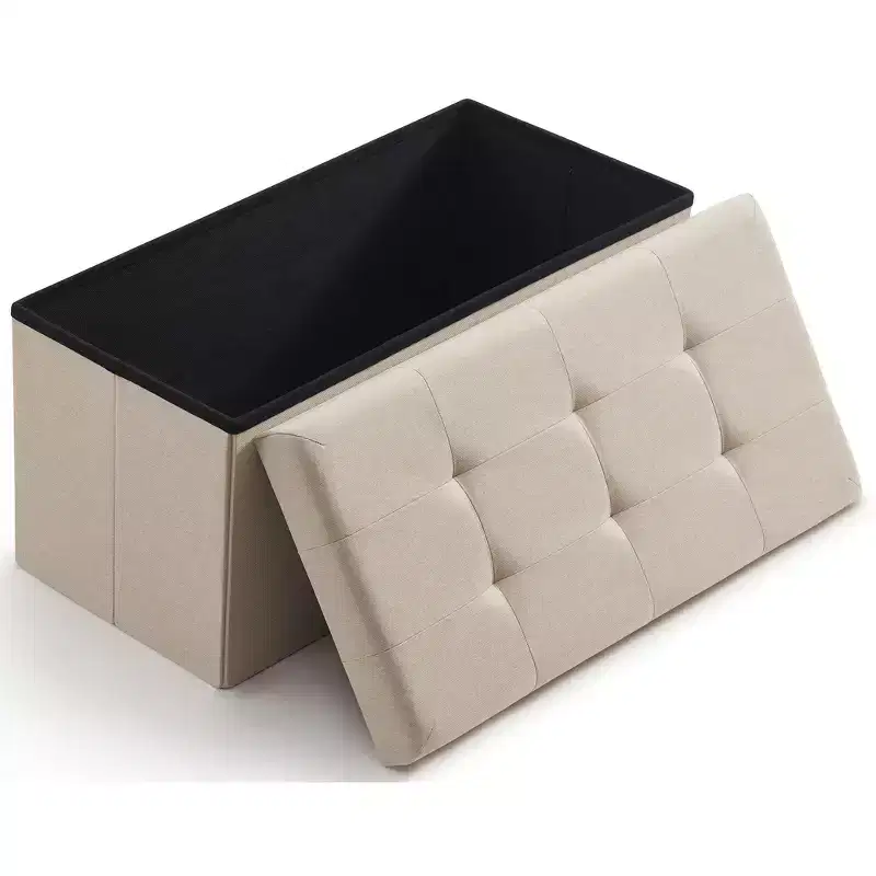 Foldable Tufted Linen 30 Inch Bench Storage Ottoman