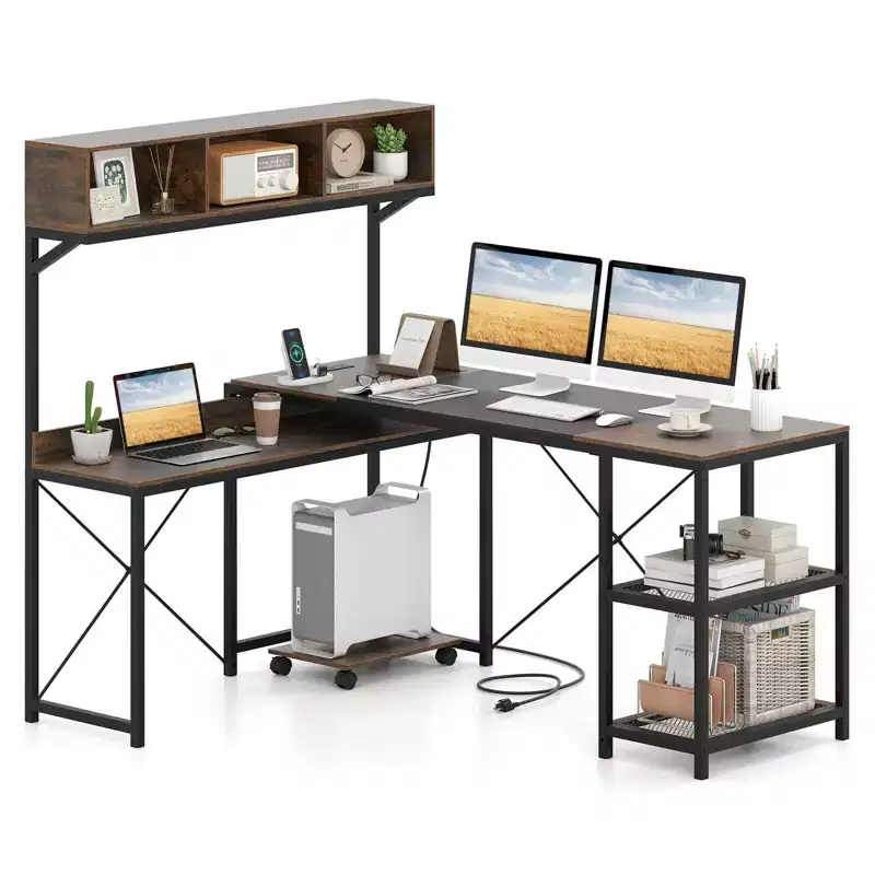Costway L-Shaped Computer Desk with Power Outlets, 62 Corner Desk with Storage Hutch