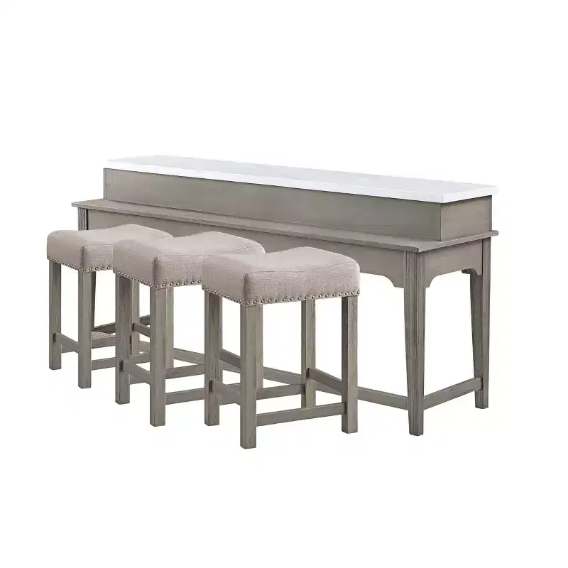 Acme Furniture 76" Wandella Marble Top Dining Table Set with Storage and Nailhead Stools