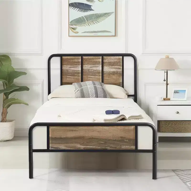 VECELO Bed Frame with Industrial Wooden Headboard