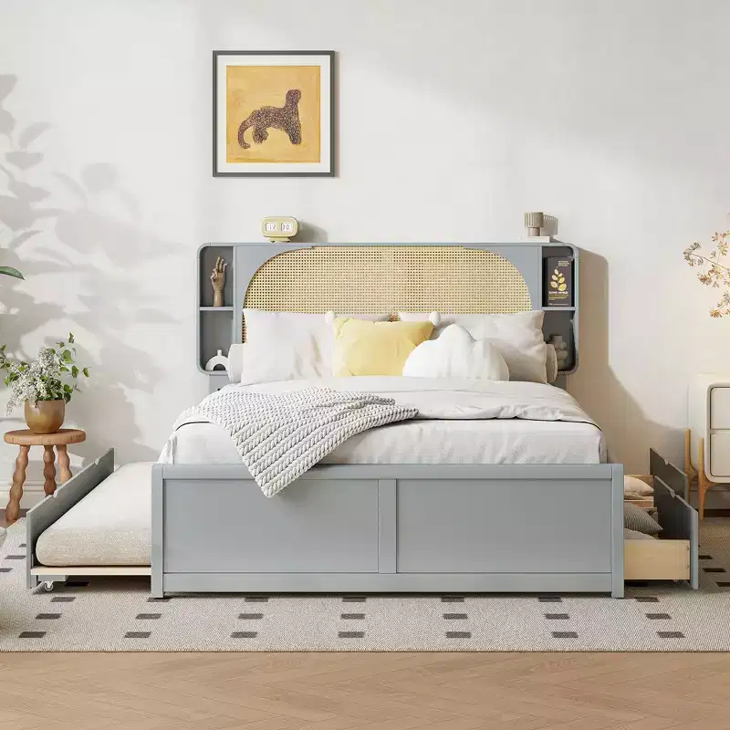 Queen Size Rattan Headboard Platform Bed with Two Drawers and Trundle - ModernLuxe