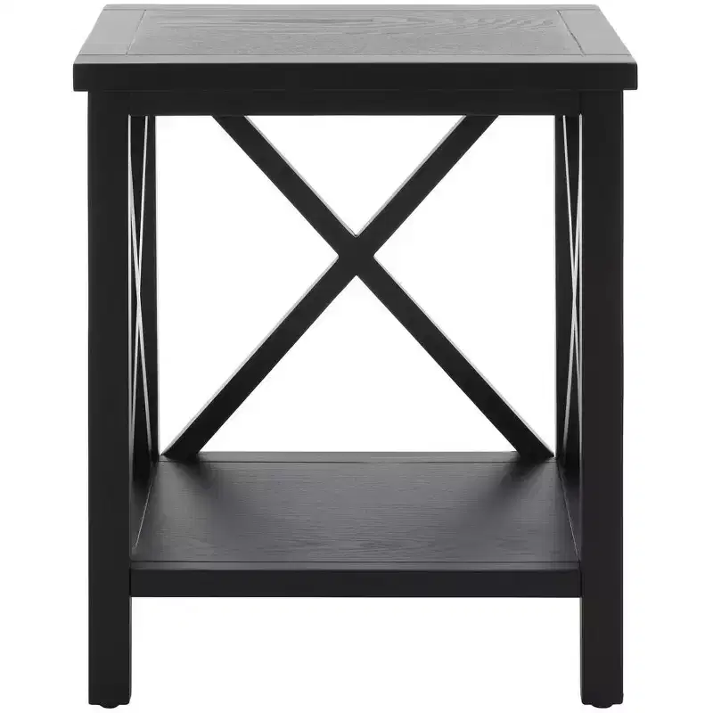 Cross Back End Table with Open X Detail and Lower Shelf, White Wood