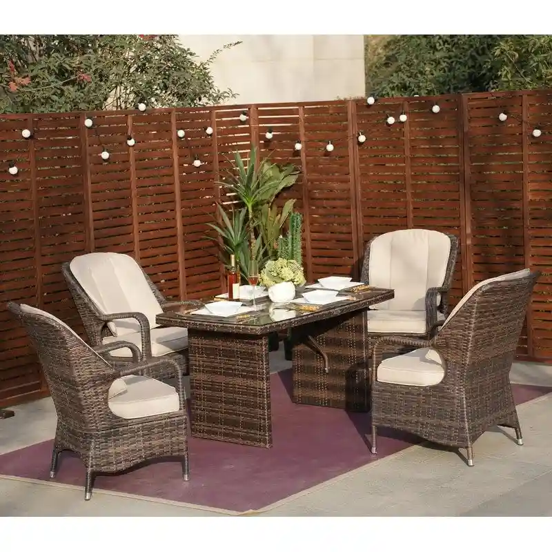 5-Piece Patio Wicker Dining Set with 4 Arm Chairs