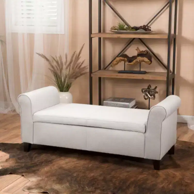 White Upholstered Storage Bench with Rolled Arms: Dimensions 50.00 x 20.50 x 19.50 inches