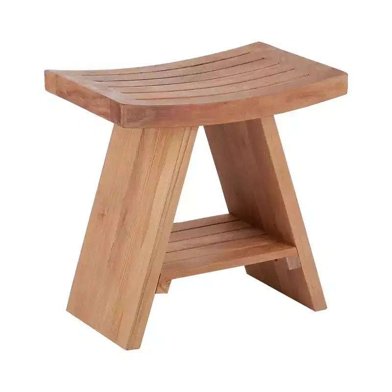 Solid Teak Wood Shower & Bath Stool with Curved Seat & Lower Shelf, Natural