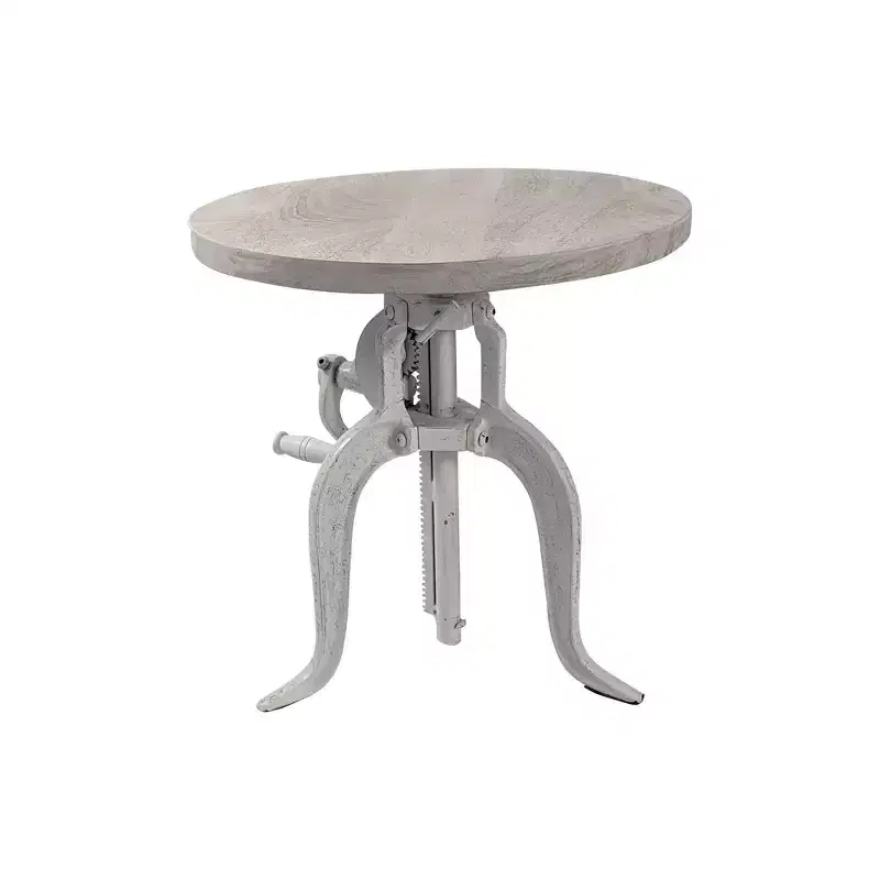 Carolina Living Emma Adjustable Crank Accent Table Whitewash: Cast Iron Base, Mango Wood, 19"-28" H