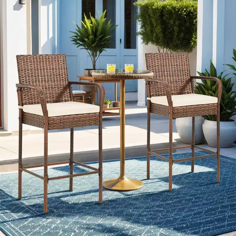EROMMY Outdoor Patio Wicker Bar Stools Set Of 2, Pe Wicker Rattan Bar Stools With Removable Cushions, Ergonomic Armrests & Backrest