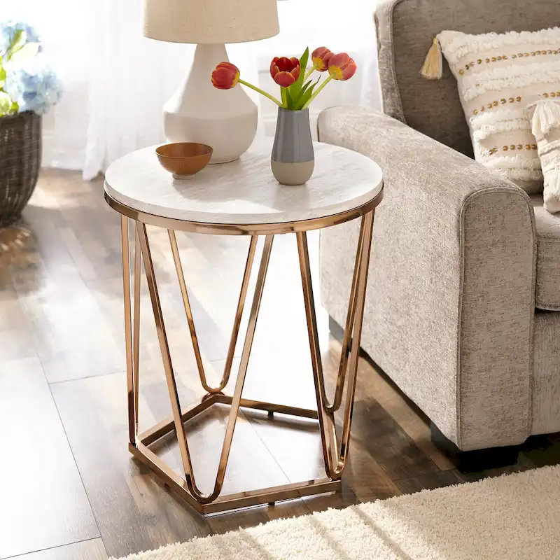 Modern Faux Marble Round Side Table – Gold Geometric Base