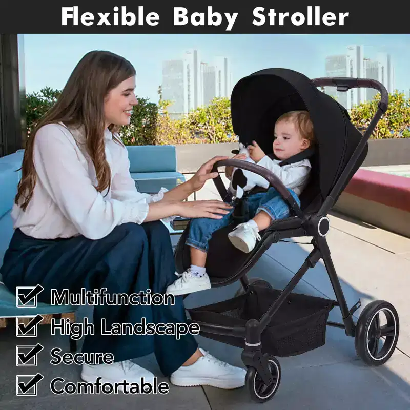Baby Stroller, Foldable Stroller - High Landscape Pushchair for Newborn & Toddler, Convertible Pram with Reversible Backrest
