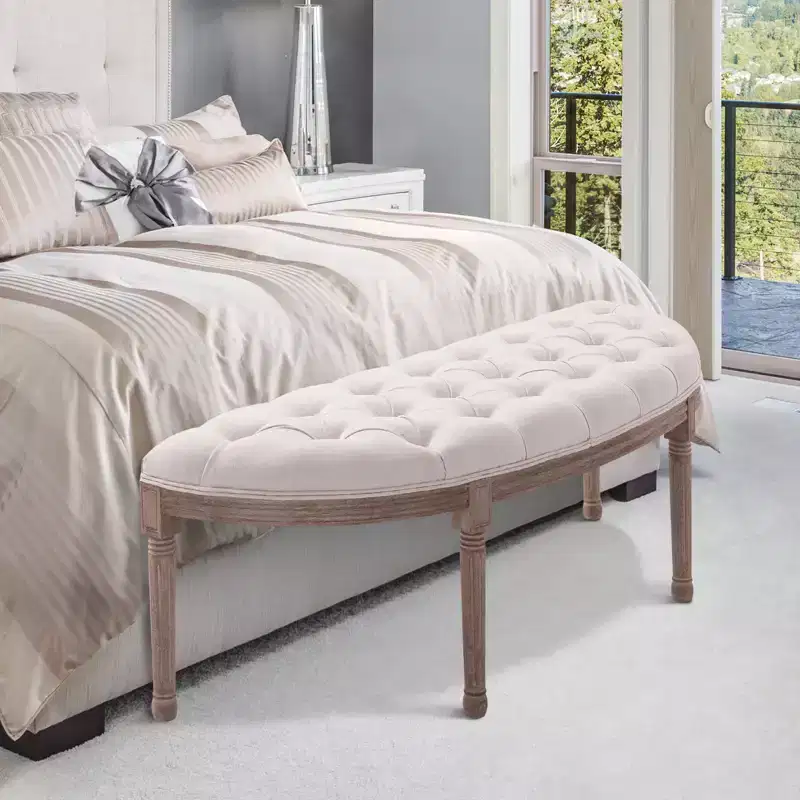 Semi-Circle End of Bed Bench with Tufted Design, Upholstered Bedroom Entryway Bench with Rubberwood Legs