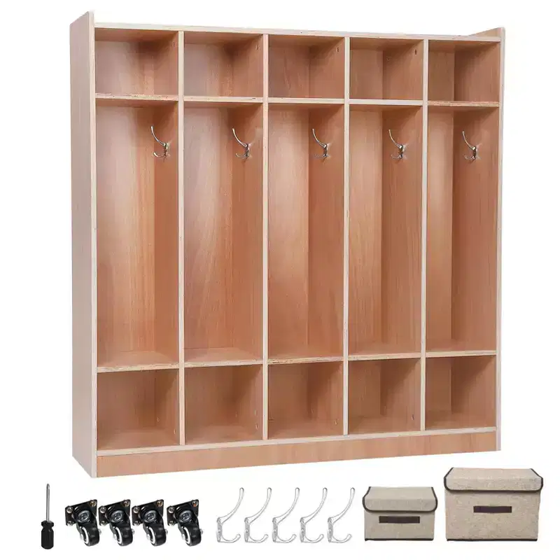 School Coat Locker with Cubbies, 5-Section Storage Organizer with Hooks and Casters for Classroom and Home