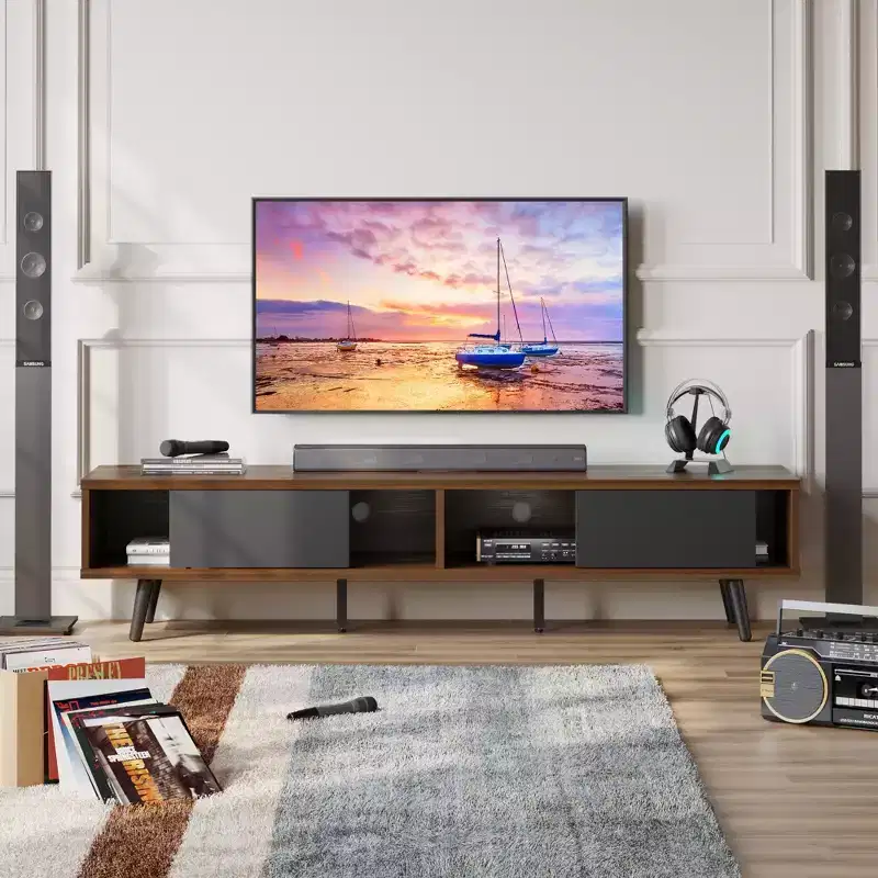 Bestier Mid-Century Modern TV Stand for 80 Inch TV,, 70 Entertainment Center with Sliding Doors for Living Room, Walnut