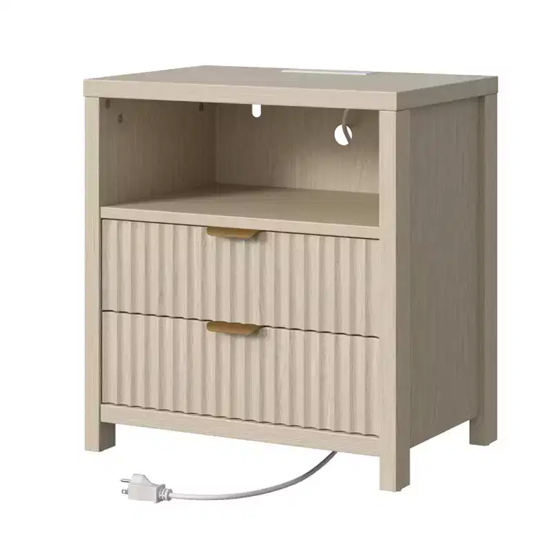 White Fluted Nightstand with Charging Station – 1-Person, 2-Drawer Open Shelf Bedside Table