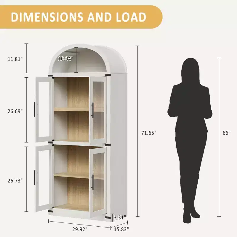 71 Tall Arched Bookshelf, Bookcase with Open Shelf, Freestanding Wooden Display Cabinet Organizer