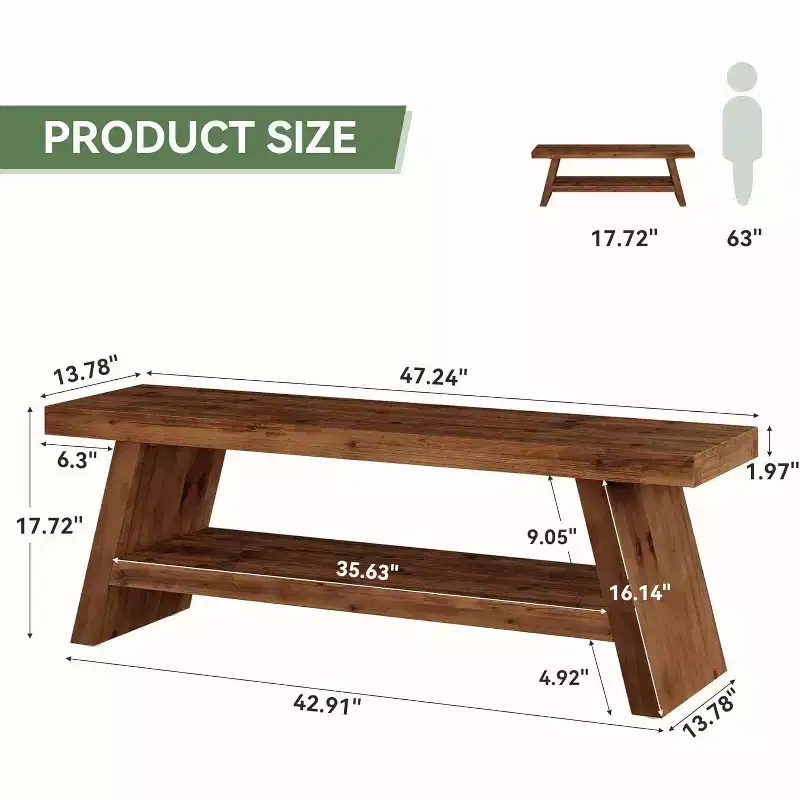 Lantine 2-Tier Entryway Bench, Hallway Foyer Solid Wood Seating with Open Shelves, Wooden Shoe Bench Indoor for Entryway, Living Room (Rustic Brown)
