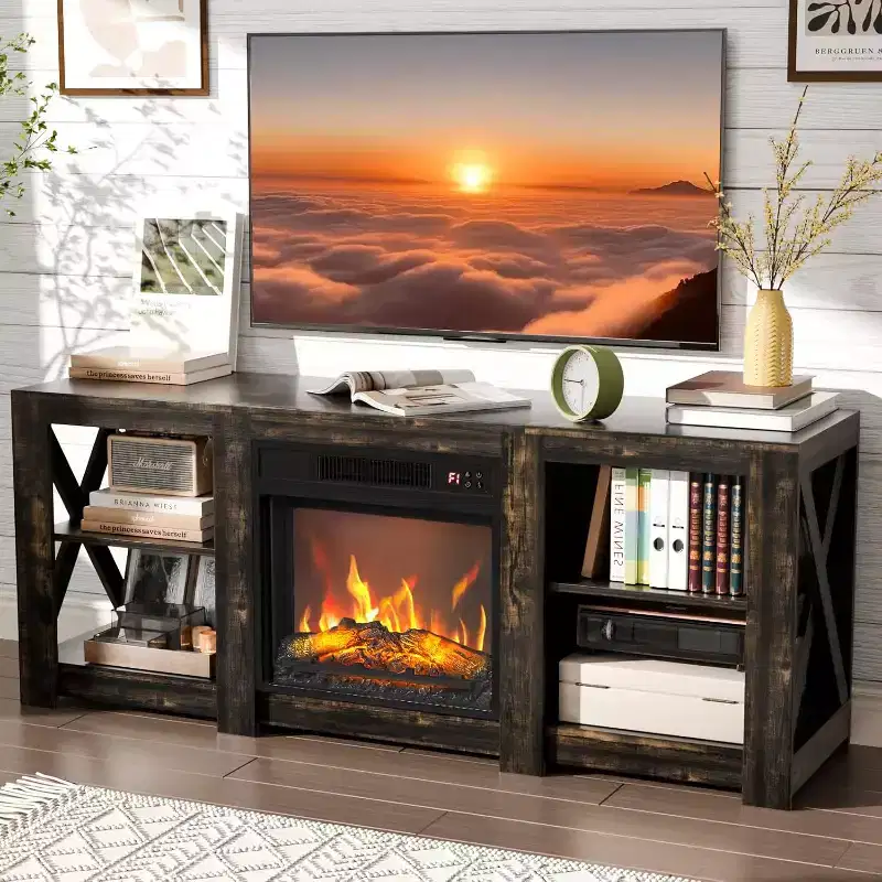 Farmhouse Fireplace TV Stand for up to 70 inch TVs, Entertainment Center with Electric Fireplace Heater & Adjustable Shelves