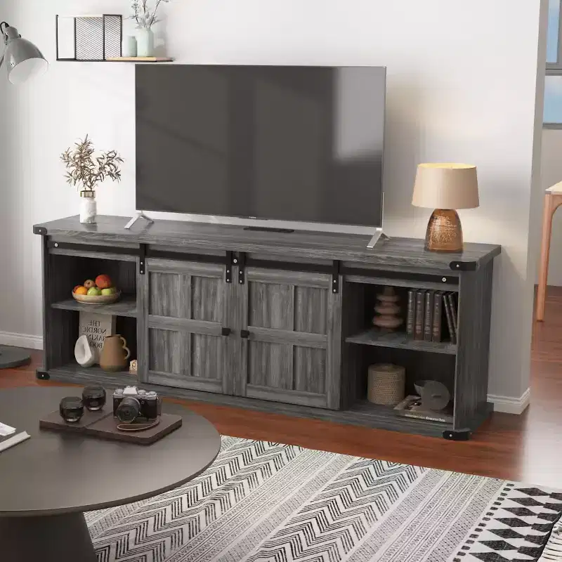 Farmhouse TV Stand for 75/80 TVs, 70 Cabinet with Storage, Sliding Barn Door, Power Outlet, Entertainment Console for Living Room