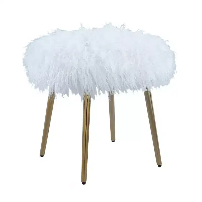 Homy Casa Glam Vanity Stool with Faux Fur Seat & Gold Metal Legs, White