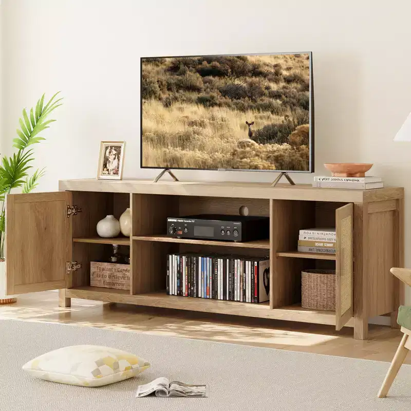 Rattan TV Stand for 75 inch, Boho Entertainment Center with Adjustable Shelves, Natural Oak TV & Media Cabinet 2-Tier Storage for Living Room Bedroom