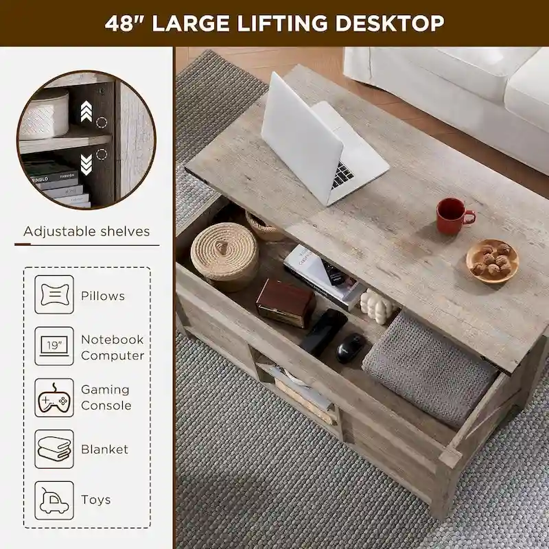 Farmhouse Lift Top Coffee Table, Rustic Wood Center Table