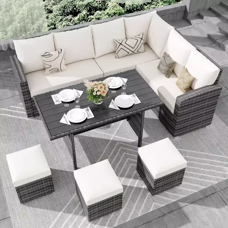 7 Pieces Outdoor Dining Set,Patio Sectional Sofa Conversation Set All Weather Wicker Rattan Couch Dining Table & Chair
