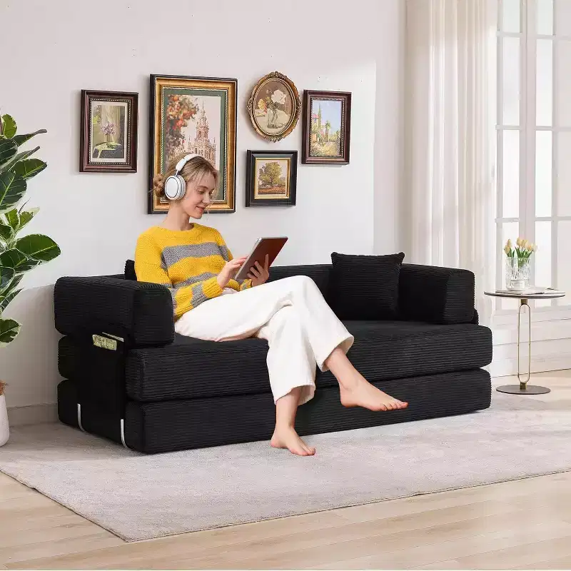 Convertible Couch, Folding Sofa Bed with 2 Pillows, Plush Corduroy Boneless Convertible Sofa, No Assembly Required for Living Room, Bedroom