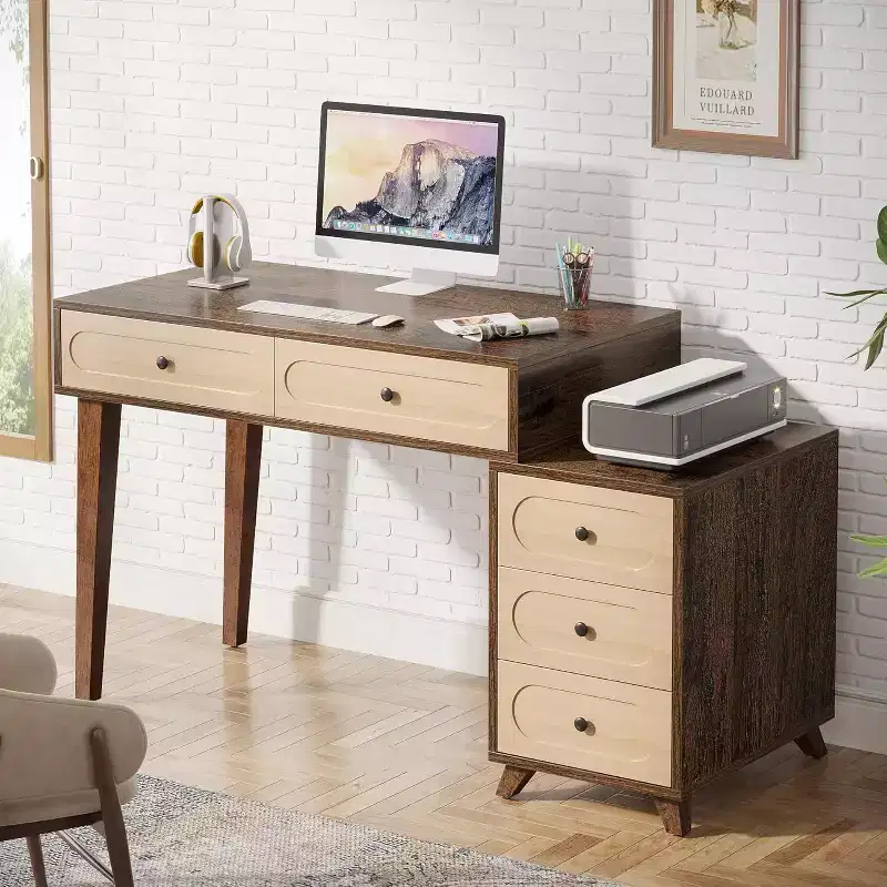 51 Inch Computer Desk with 5 Drawers Two-Tone Wood Design