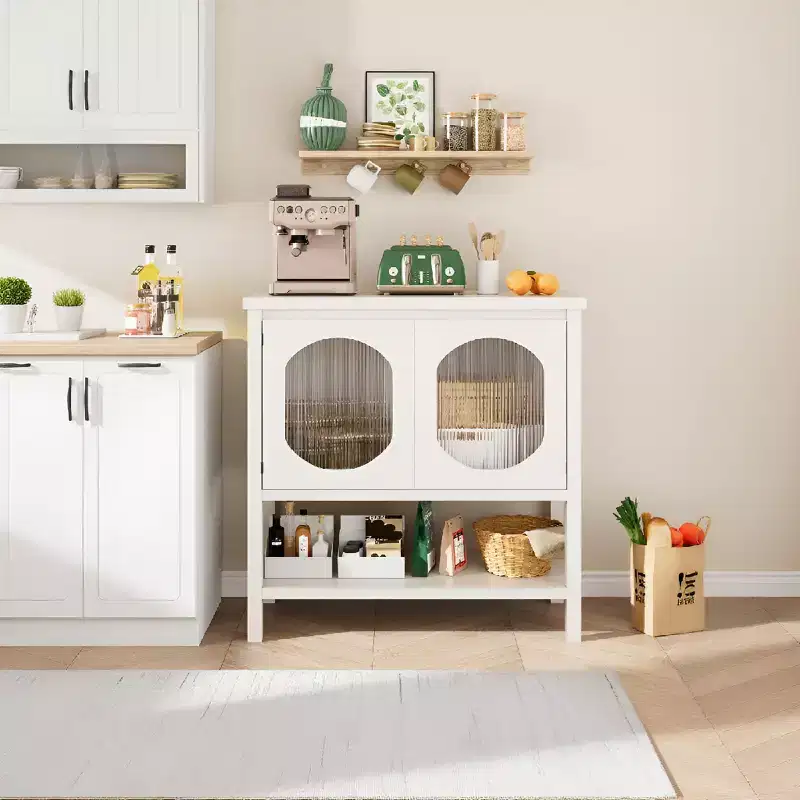 Modern Coffee Bar Cabinet with Storage Function, White Console Table with Fluted Glass Doors and Open Shelves, Buffet Sideboard for Entryway, Kitchen