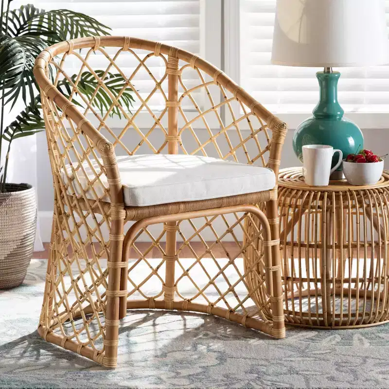 Bohemian Natural Rattan Dining Chair with Upholstered Foam Seat