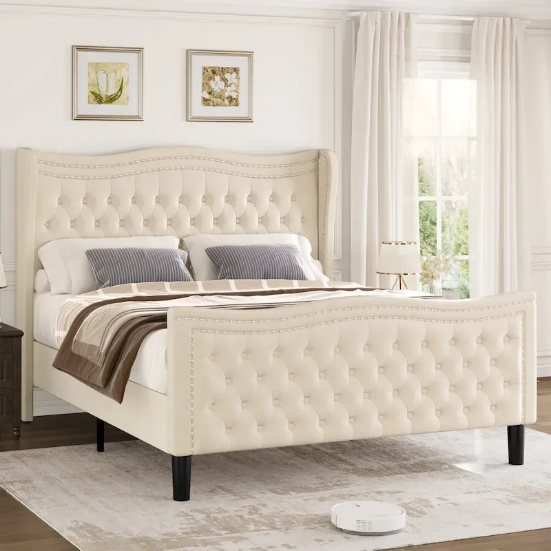 Velvet Platform Bed with Upholstered Headboard