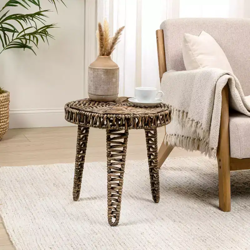 Coastal Bohemian Handwoven Water Hyacinth Round Tripod End Table