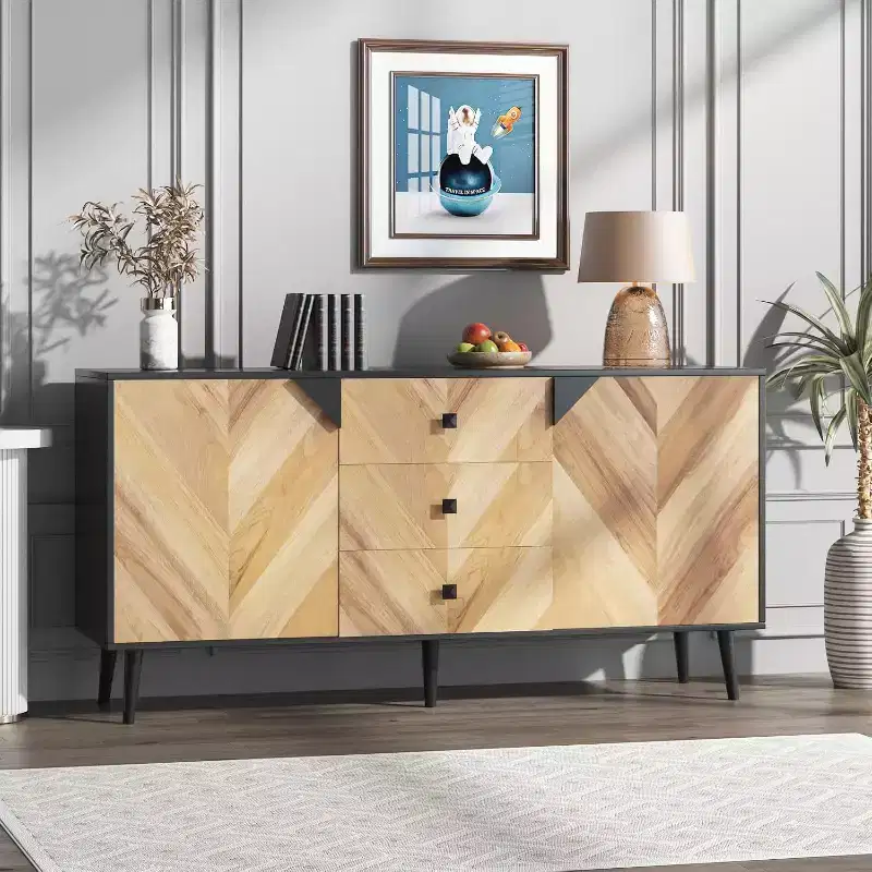 55 Inch 3 Drawer Cabinet with Adjustable Shelves and Doors for Storage