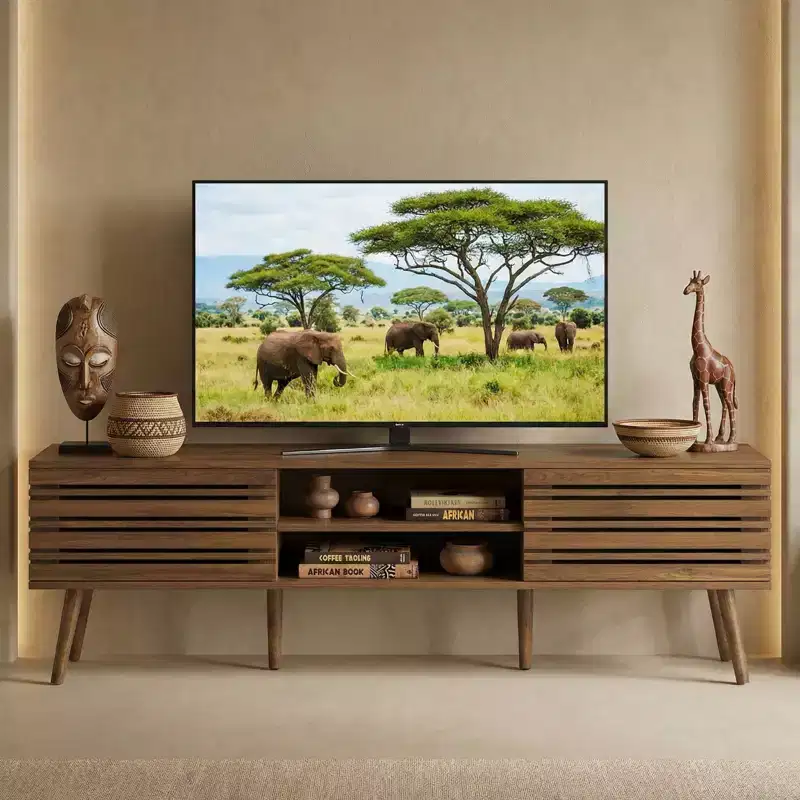 JVNOXK Medieval-inspired modern TV stand, suitable for TVs under 70 inches, featuring storage compartments Wood-grain TV stand, for the living room