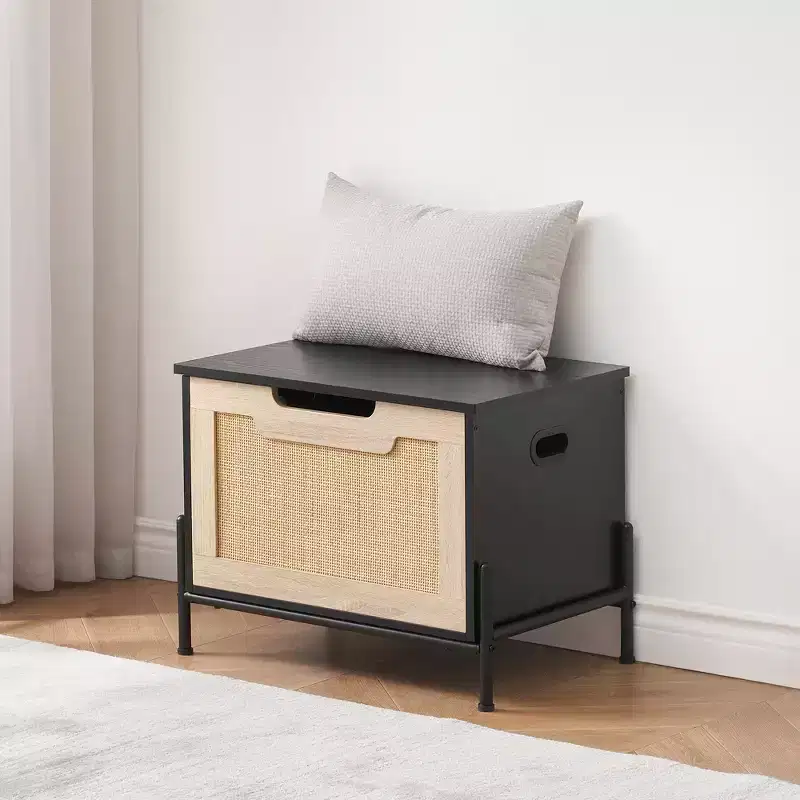 Rattan Storage Bench with Seat Cushion for Entryway, Living Room, Bedroom, Black